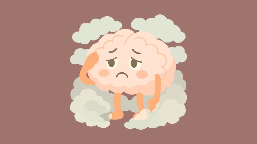 Ilustracija tužnog mozga sa umornim izrazom lica okruženog sivim oblakom kao simbol mentalne iscrpljenosti i stresa.