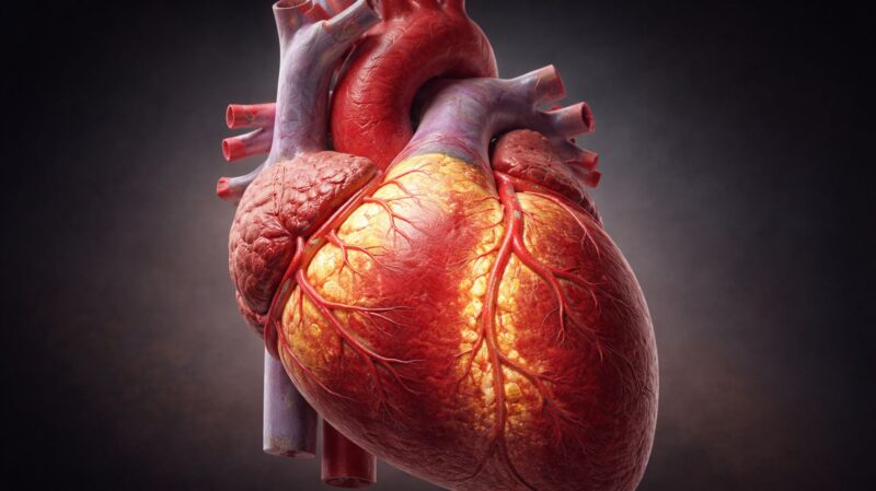 Medicinska ilustracija ljudskog srca sa masnim naslagama u koronarnim arterijama i suženjem krvnih sudova kao ranim znakom kardiovaskularnog rizika.